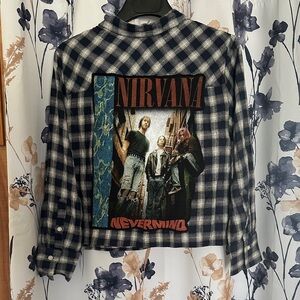 Nirvana Nevermind Graphic Crop upcycled Flannel Button-Down Shirt